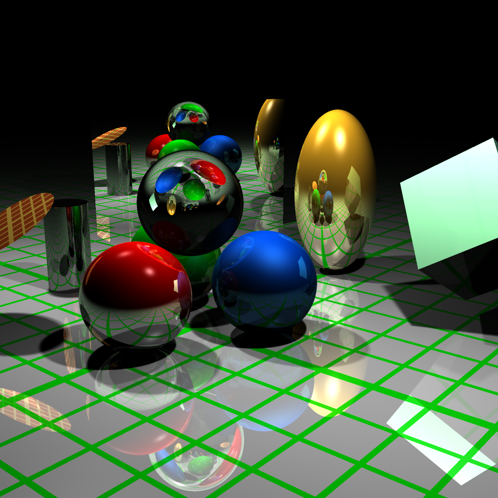 The result of ray tracing the 'Complex' scene. This scene showcases all the aspects of this ray tracer with several shapes that have been scaled, rotated, and translated to various positions, different types of materials including a transparent glass sphere, recursive reflections, and soft shadows from multiple light sources. /posts/projects/webgl-raytracing/images/webglraytrace.png