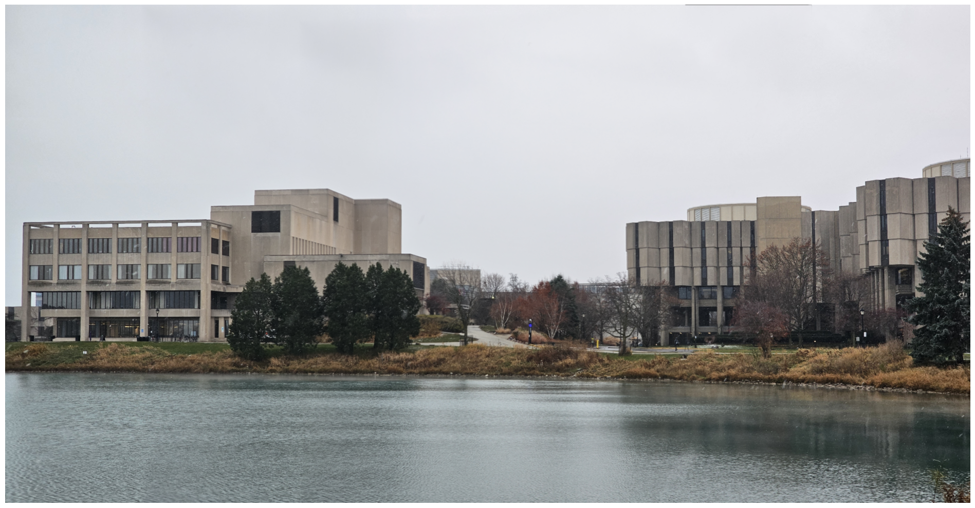 A stitched image of the Norris Student Center and University Main Library at Northwestern.